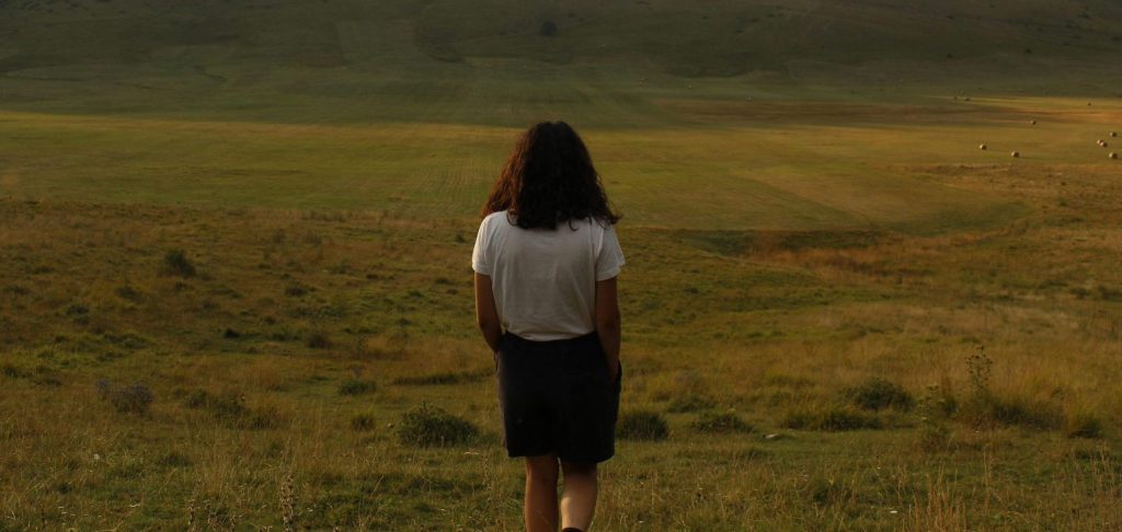 A solitary person stands in a vast, open grassland with mountains in the background.